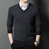 100%绵羊毛衫小方格花纹保暖提花加厚针织衫鸡心V领中年纯羊毛衫