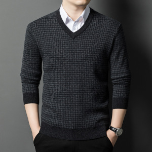 100%绵羊毛衫小方格花纹保暖提花加厚针织衫鸡心V领中年纯羊毛衫