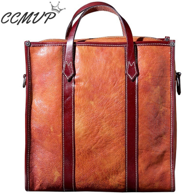 CCMVP品牌自营质量保证-CCMVP轻奢品牌新款原创头层牛皮手提公文包男士手工复古真皮单肩包棕色默认颜色