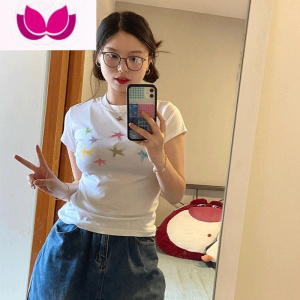 七斓设计感小众星星印花短袖T恤女辣妹露脐短款ins正肩白色上衣