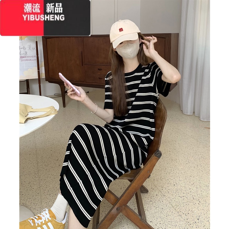 YIBUSHENG慵懒风条纹针织短袖t恤连衣裙女季宽松显瘦减龄直筒休闲长裙子
