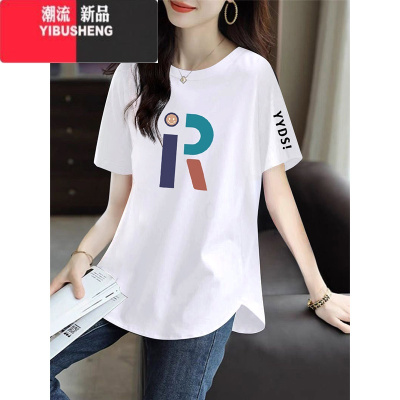 YIBUSHENG短袖t恤女士2024新款季弧形下摆中长款上衣女时尚洋气小衫
