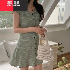 YIBUSHENG辣妹风低圆领短袖洋气小个子修身包臀裙A字彩色条纹针织连衣裙女