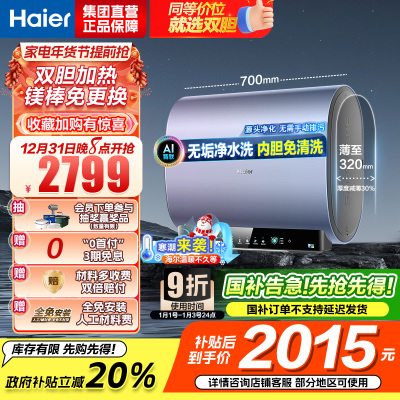 海尔(Haier)60升双胆电热水器家用短款储水式超薄省空间3300w速热净水洗大容量DT7K单/双胆加热镁棒免更换