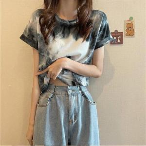 短款扎染打底衫圆领设计感上衣女夏高腰露脐INS学生情侣短袖T恤女