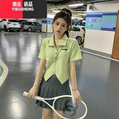 YIBUSHENG美式正肩polo领短袖t恤女宽松设计感小众短款辣妹港味chic上衣