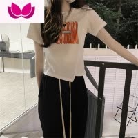 七斓短袖女2023年夏季新款修身正肩灰色t恤不规则设计感短款上衣