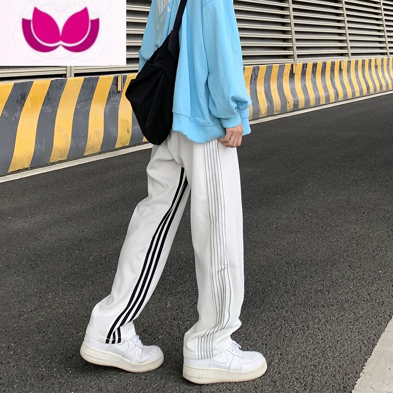 七斓美式vibe风裤子高街ins潮流三道杠条纹裤男秋直筒oversize阔腿裤