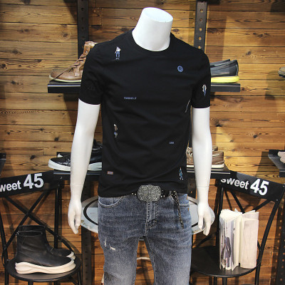 夏季丝光棉男T恤短袖新款潮牌个性刺绣修身休闲青年帅气半袖_1