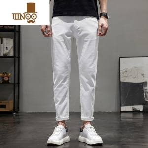 YANXU白色休闲裤男士夏季薄款直筒宽松韩版潮流百搭简约九分牛仔长裤子