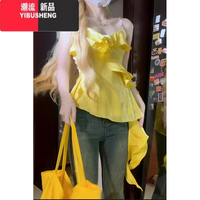 YIBUSHENG不规则小众复古荷叶边无袖背心吊带连衣裙女温柔风气质仙女短裙子