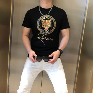 欧洲站夏季新款潮流烫金虎头圆领休闲T恤短袖圆领修身半袖潮