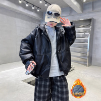 男童夹棉皮衣外套新款中大童开衫秋冬季儿童格子拼接夹克加厚