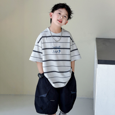 男童夏装短袖T恤夏季薄款2026新款痞帅儿童韩系条纹上衣男孩T