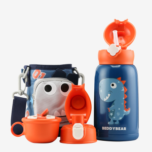 (合集)杯具熊BEDDYBEAR儿童保温杯带吸管两用水壶男女学生水杯子630ml双盖多色316/304不锈钢保温用品合集 三盖口袋杯套恐龙