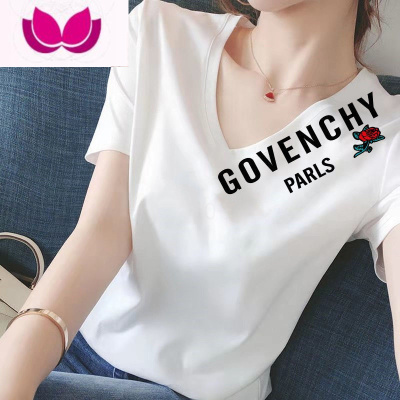 七斓欧货v领t恤女短袖2023年夏季修身体袖短款字母半袖上衣ins潮