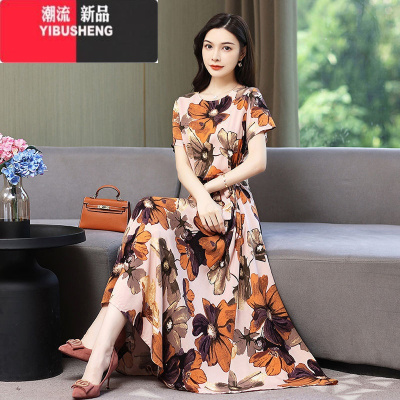 YIBUSHENG2024新款棉麻连衣裙天薄款大码女装甜美妈妈气质碎花棉绸长裙子
