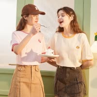 [8.5折价42.4元叠加优惠券]唐狮夏季新款圆领撞色短袖T恤女绣花内搭体恤设计感减龄衣服x
