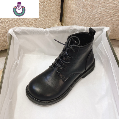 FISHBASKET2020新款女靴系带大头鞋皮面短筒靴子休闲百搭舒适马丁靴短靴靴子