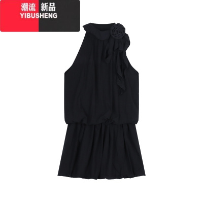 YIBUSHENG辣妹立体玫瑰飘带背心裙女季纯欲性感挂脖连衣裙A字裙