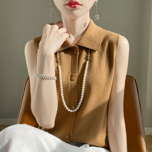 衬衣领无袖背心打底衫女春秋内搭叠穿套头羊毛针织翻领坎肩上衣