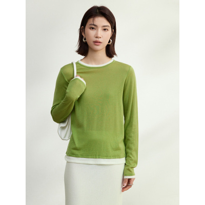 时尚假两件撞色长袖针织衫女T恤2025新款内搭羊毛打底春季上衣女