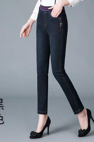 迪鲁奥(DILUAO)新款女装高弹涂层牛仔布裤女2021妈妈装春秋新款工装裤外穿中年女裤高腰显瘦大码新款女装