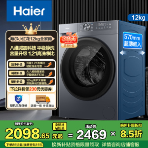 海尔(Haier)初色系列 12公斤 变频 滚筒洗衣机 超薄 巴氏除菌 大筒径 1.21洗净比 XQG120-L52D1