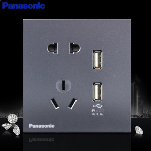 松下开关插致承云碳灰86型家用无框大面板超薄荧光灯开关五孔电源插座二三极USB快充电视网络一位单联3位双控WSX122