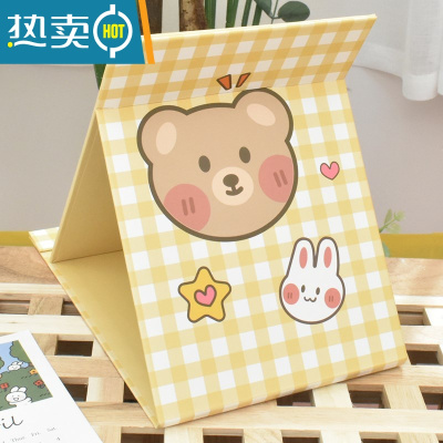 敬平小镜子ins风女心折叠小学生宿舍便携桌面可立台式大号梳妆化妆镜 黄格小熊-G59便携式用镜