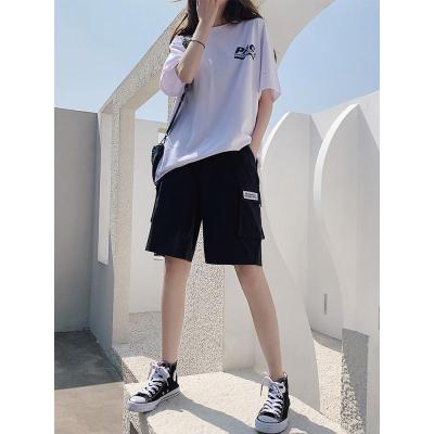 精品特卖-工装短裤女夏季2021年新款宽松直筒潮ins中裤高腰港味运动五分裤OLOEY