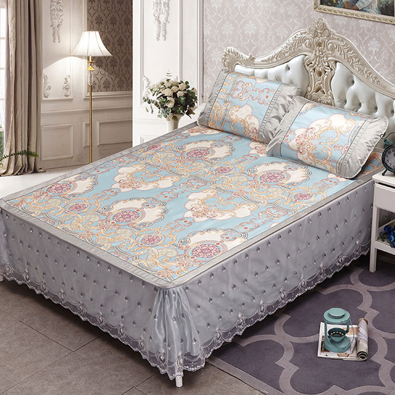 夏季床裙款凉席套件三件套1.8m床可拆卸双人加厚折叠冰丝凉滑席子