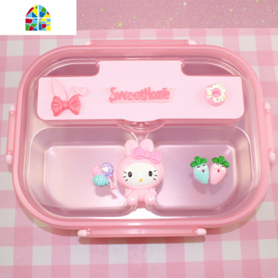可爱卡通少女心304不锈钢学生儿童分格食堂快餐盒带盖饭盒密封 FENGHOU 加厚甜甜圈小兔子4格