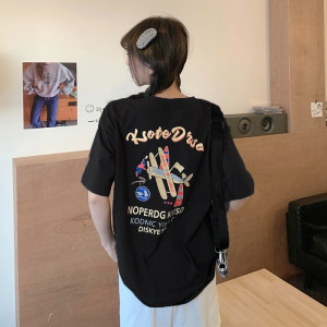 前后印花夏装韩版女式新款中长款短袖T恤女宽松学生情侣衣服