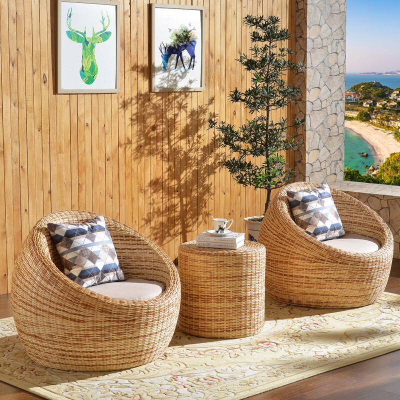 质凡 藤椅茶几三件套咖啡室休闲藤椅子阳台桌椅 三件套(2椅+1茶几)