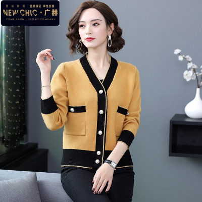 广赫春秋装毛衣外套短款上衣中年人洋气妈妈秋冬加厚针织衫女开衫外搭夹克