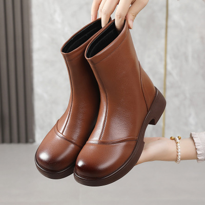 真皮复古中筒靴女秋冬后拉链单靴舒适大头软底纯手工百搭皮靴