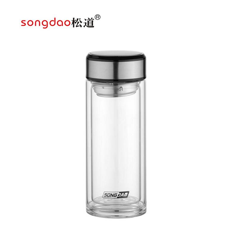 松道 玻璃杯 双层玻璃杯双层玻璃水杯带盖耐高温茶水分离便携旅行杯泡茶杯SD199系列本色300ml