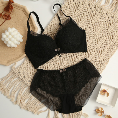 HLCOMAN少女内衣无钢圈性感蕾丝小胸聚拢胸罩调整型收副乳上托文胸套装胸罩