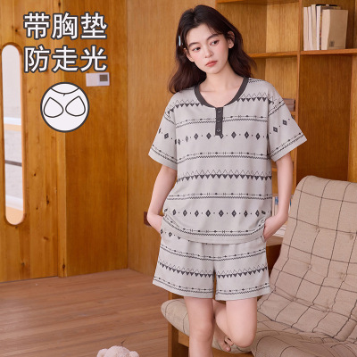 夏季带胸垫短袖短裤女睡衣慵懒风条纹图案圆领少女新款家居服套装
