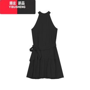 YIBUSHENG法式挂脖无袖蓝色连衣裙女装季设计感蝴蝶结绑带A字裙黑色短裙