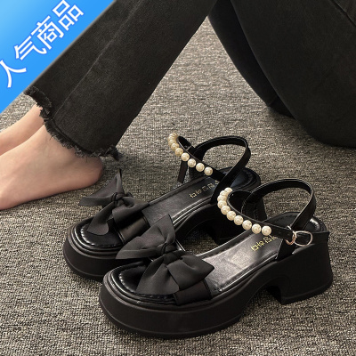 SUNTEK凉鞋女2023新款夏季蝴蝶结仙女风厚底珍珠一字带时尚露趾罗马女鞋