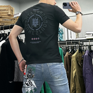 夏季新款修身弹力个性麒麟帅气丝光棉短袖T恤男半袖体恤上衣