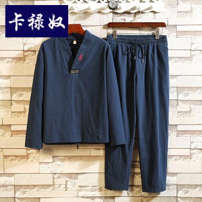 卡禄奴套装中国风男装亚麻棉麻禅意衣服休闲夏季2021秋季佛系复古风长袖T恤