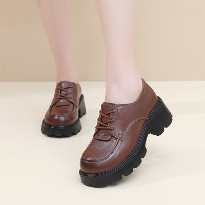春秋新款厚底乐福鞋女软底轻奢复古风小皮鞋系带四季女单鞋