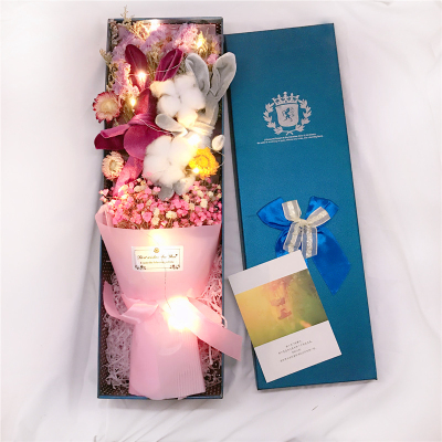 敬平满天星干花花束礼盒送闺蜜生日礼物三妇女八节女友创意毕业勿忘我满天星勿忘我棉花双兔LED灯干花包