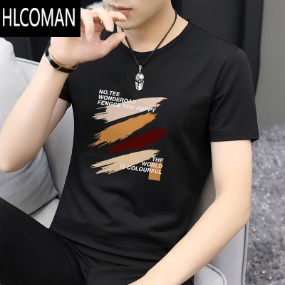 HLCOMAN莫代尔t恤男士短袖冰丝凉感速干圆领上衣服潮牌印花夏季半袖体恤