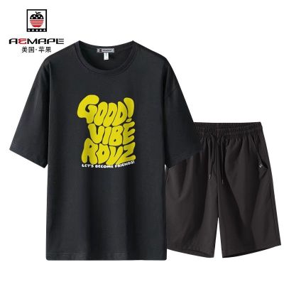 美国苹果夏季薄款青年休闲短袖运动服套装男士新款印花上衣潮流款
