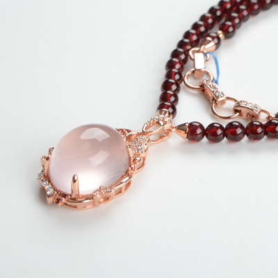 SHECENTURY天然酒红色石榴石项链复古镶嵌银饰吊坠毛衣链女款附鉴定证书