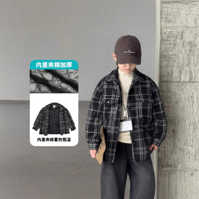 男童夹棉外套秋冬新款韩版儿童格子衬衫加厚中大童帅气棉衣潮